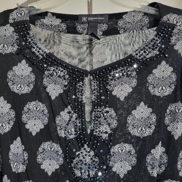INC International Concepts Tops - INC Botanical Paisley Black Semi-Sheer Plus Size Woman’s Sequin Top (Size: 2X)